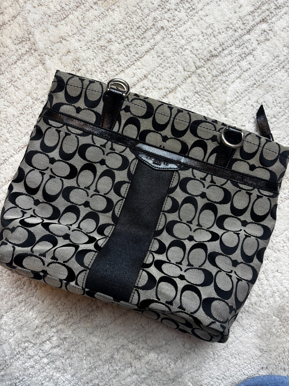 Coach Signature Tote Bag Black Beige Monogram Canvas Large